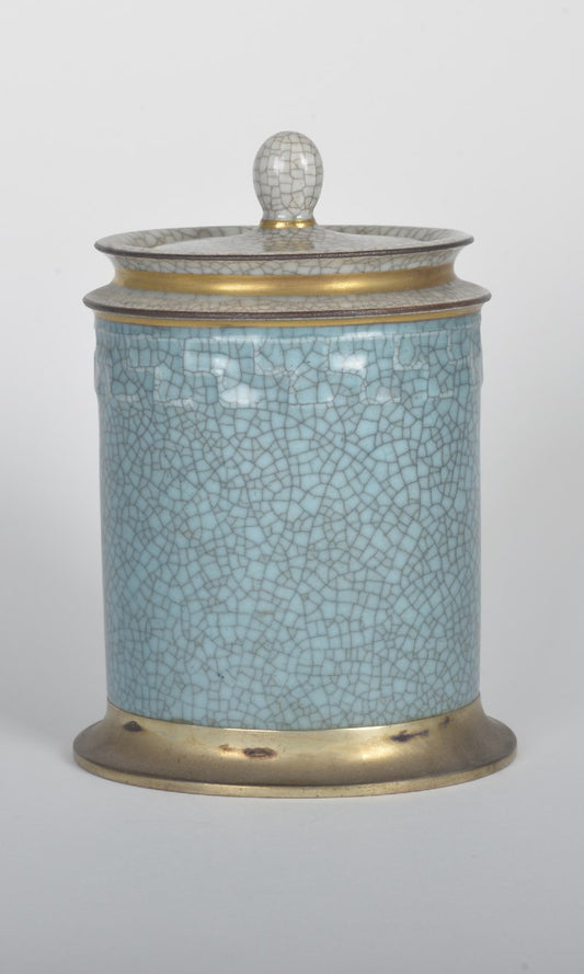 ROYAL COPENHAGEN CRACKLE GLAZE CONTAINER WITH SILVER DECORATION BY LEITÃO & IRMÃO