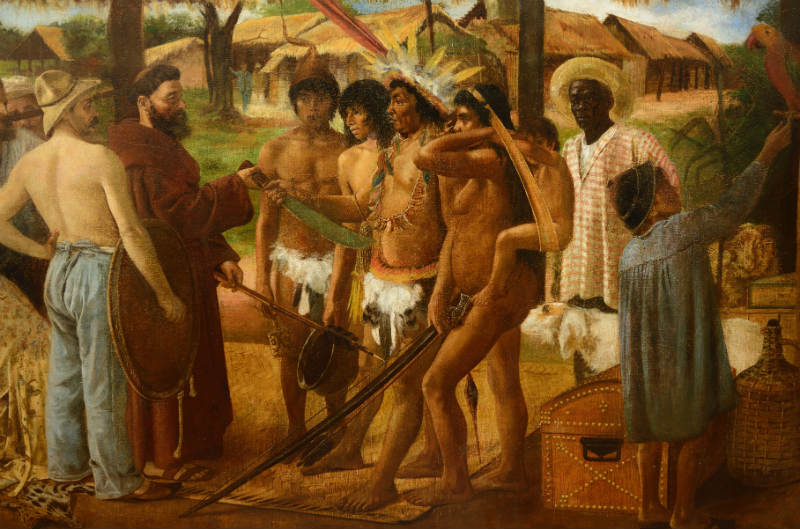 Farmers making peace with the Indians by Arturo Luciani, 19th Century